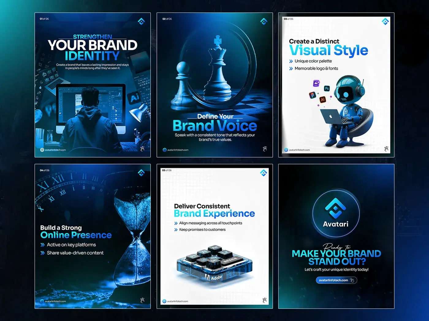 Brand identity education carousel in deep blue