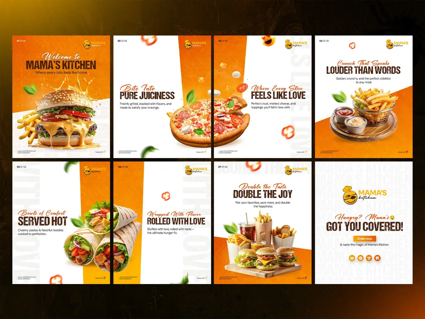 Restaurant menu carousel with burgers and pizza