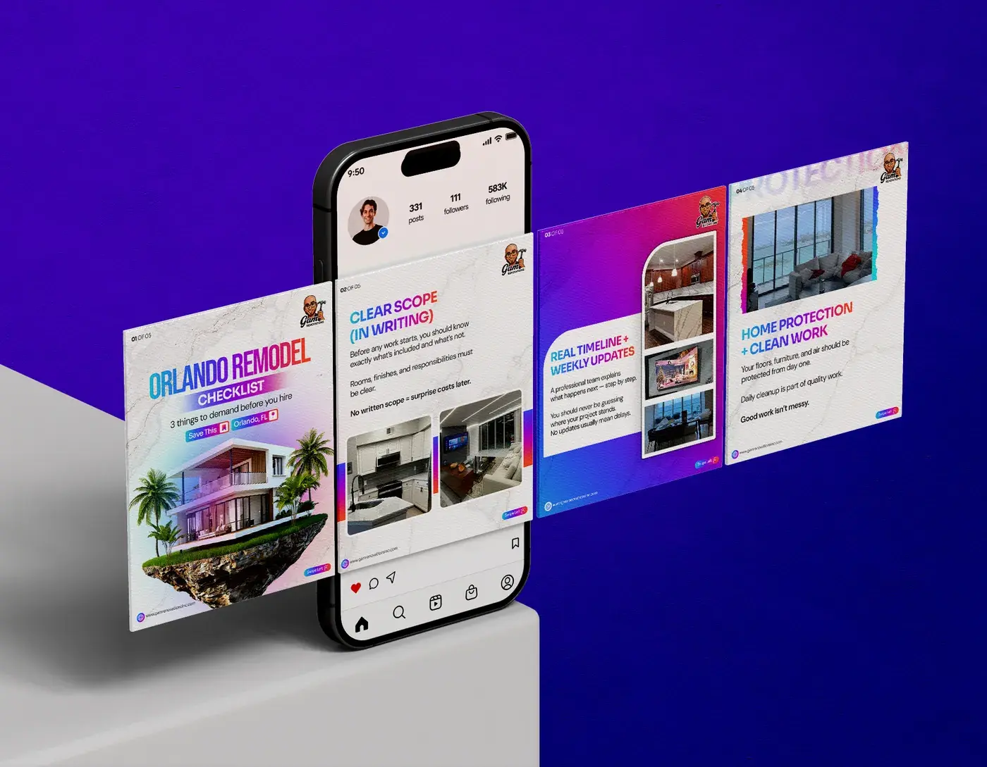GAM Renovation social posts on phone mockup