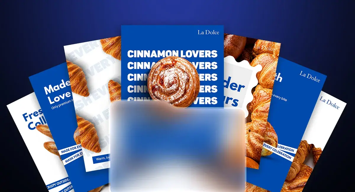 La Dolce bakery social media campaign: a fan of blue and white posts featuring cinnamon rolls, croissants and bread