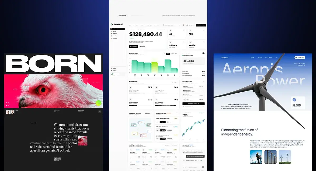 Website and SaaS designs: a creative-studio homepage, an AI analytics dashboard and a wind-energy company website