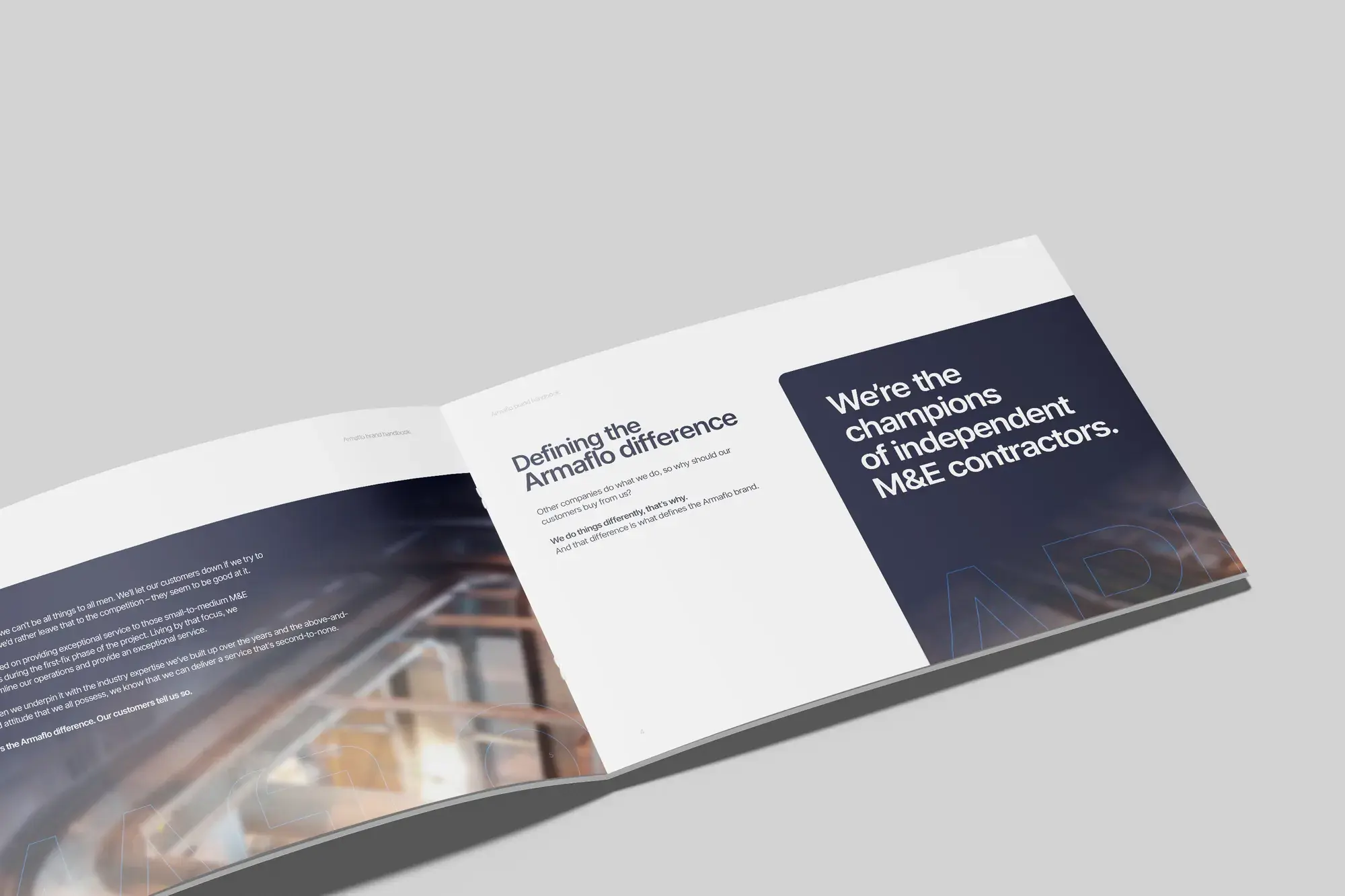 Armaflo brand book spread: champions of independent M&E contractors