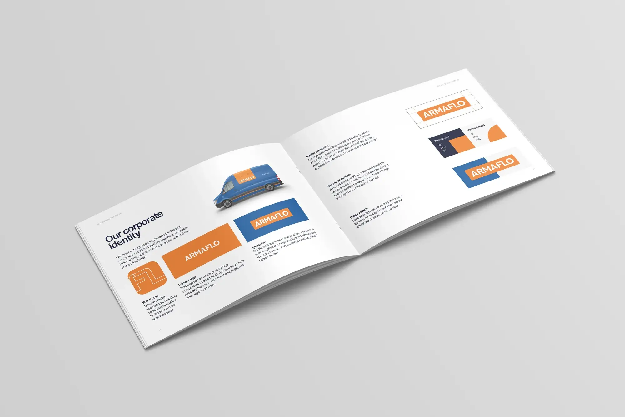 Armaflo brand book spread showing corporate identity rules
