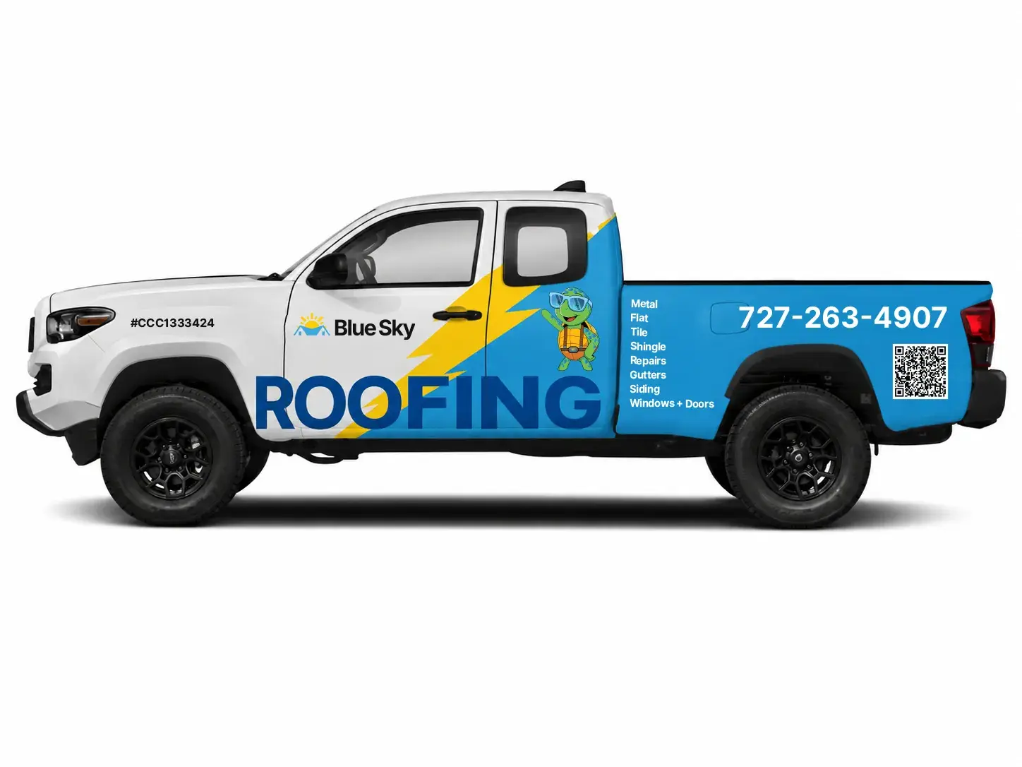Blue Sky Roofing wrap on a white Toyota Tacoma
