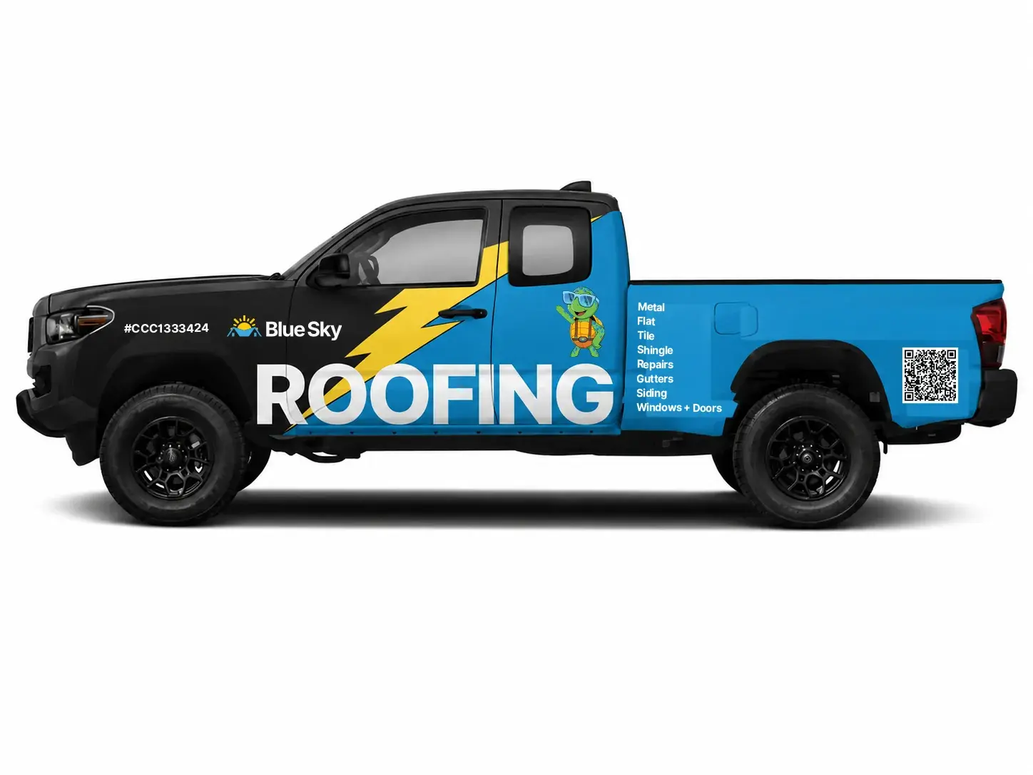 Blue Sky Roofing wrap on a black and blue Toyota Tacoma
