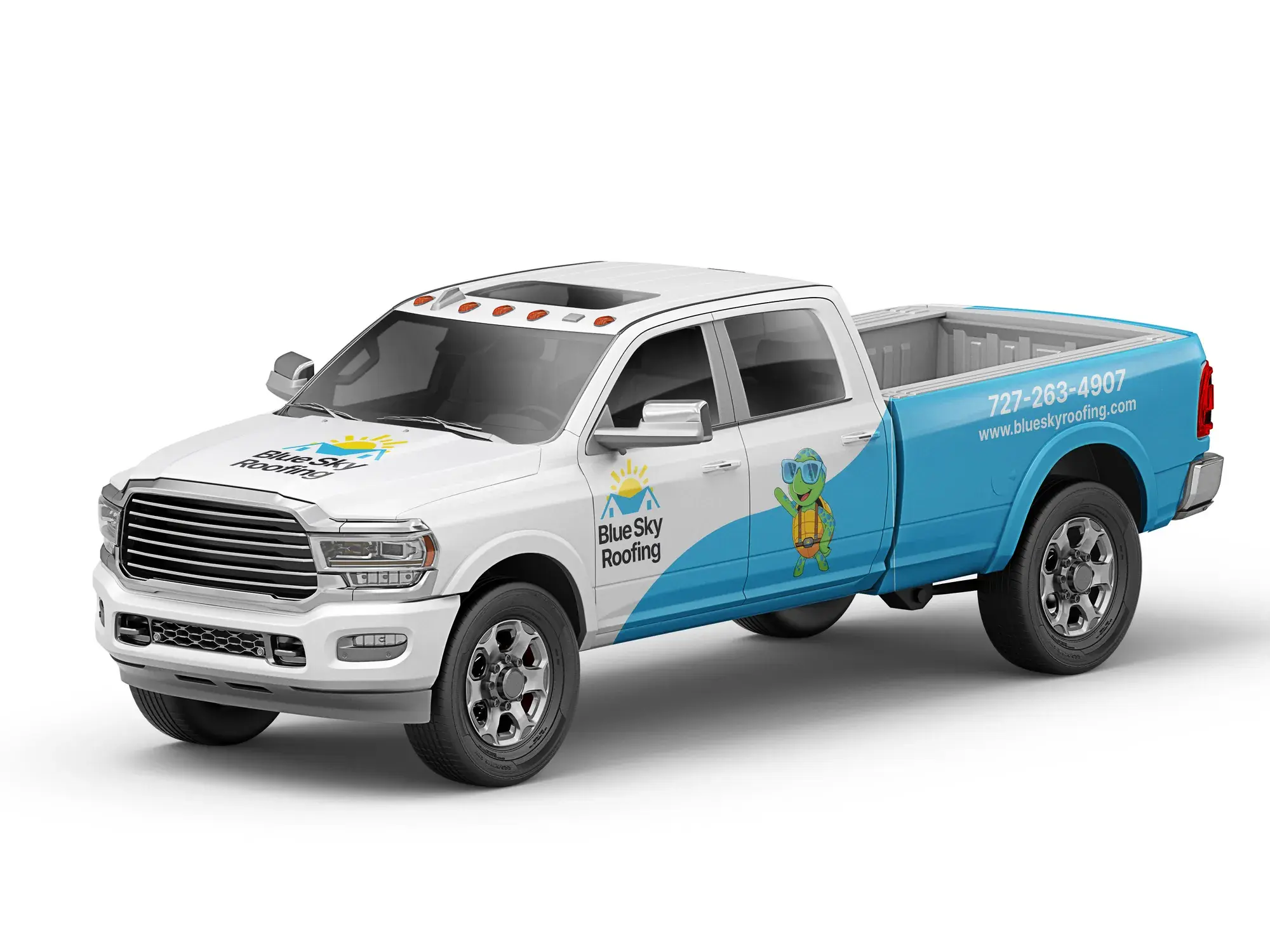 Blue Sky Roofing wrap on a white pickup truck