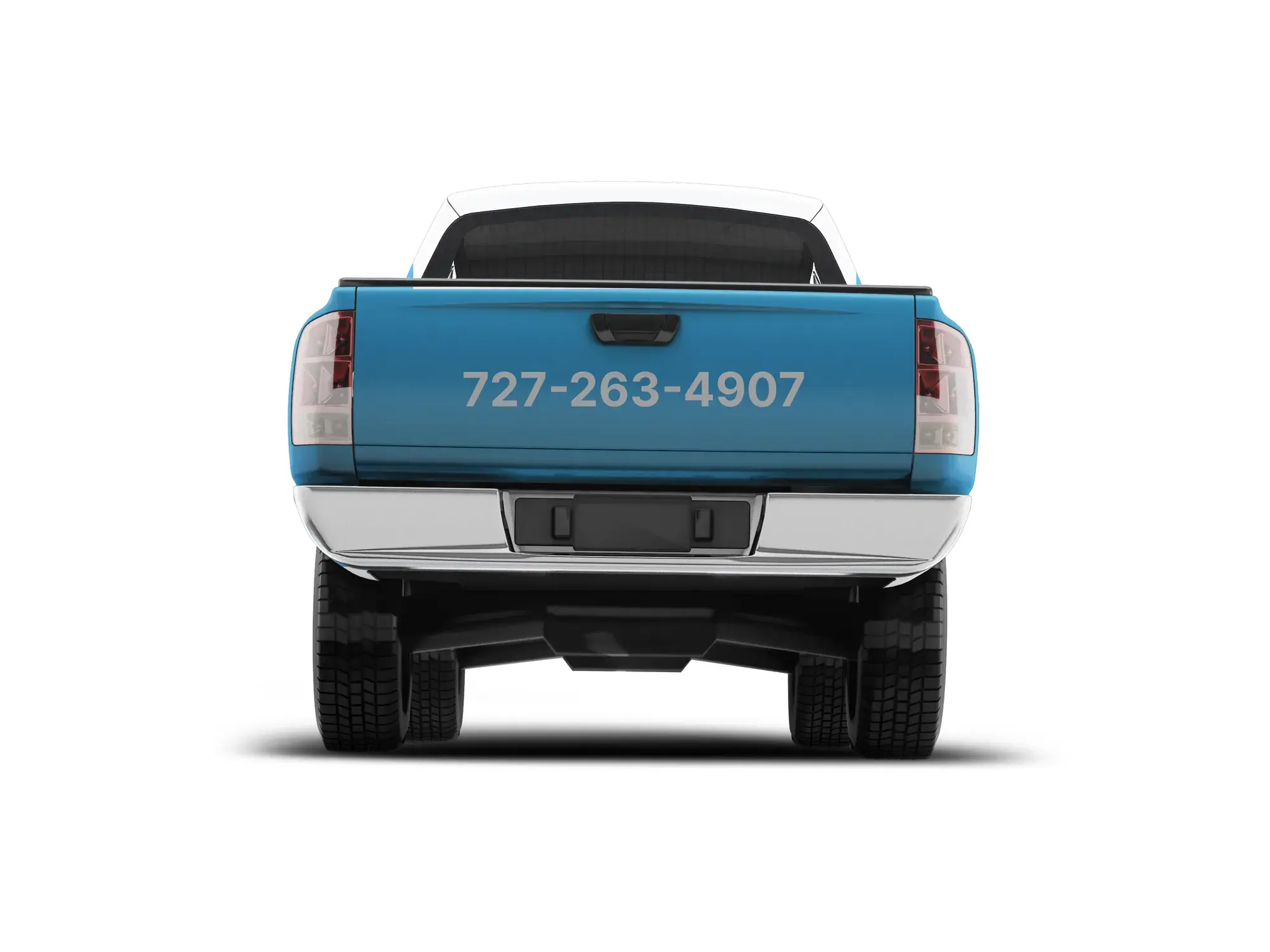 Rear view of a Blue Sky Roofing truck wrap