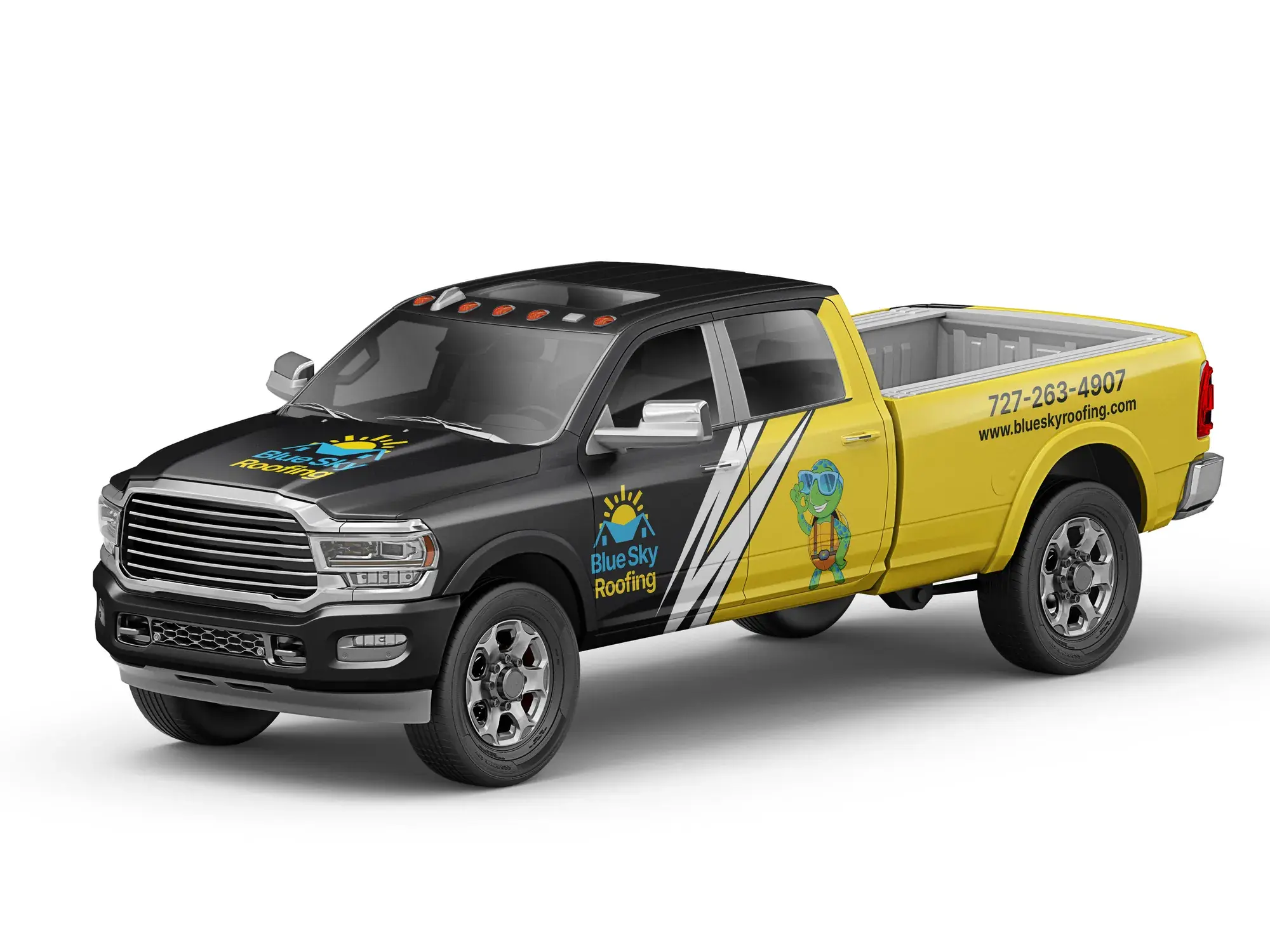 Blue Sky Roofing wrap in black and yellow