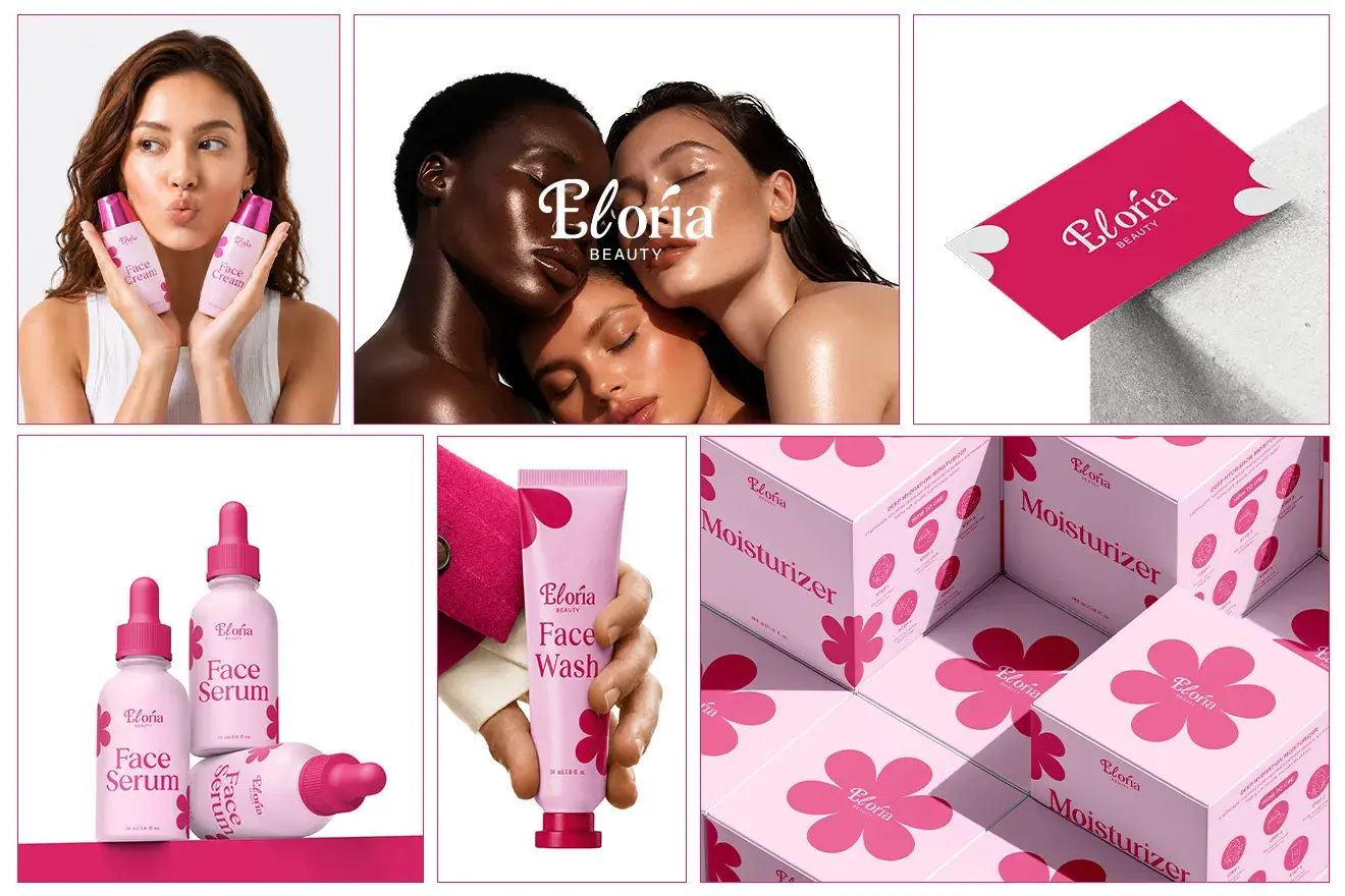 Eloria Beauty brand applications: product bottles, tubes, boxes and campaign photography in magenta and blush pink
