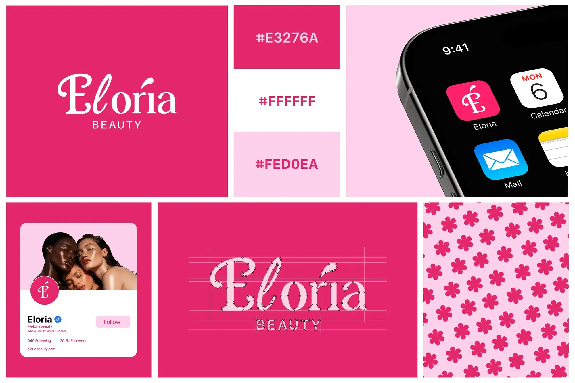 Eloria Beauty logo presentation with color swatches, pattern and app icon