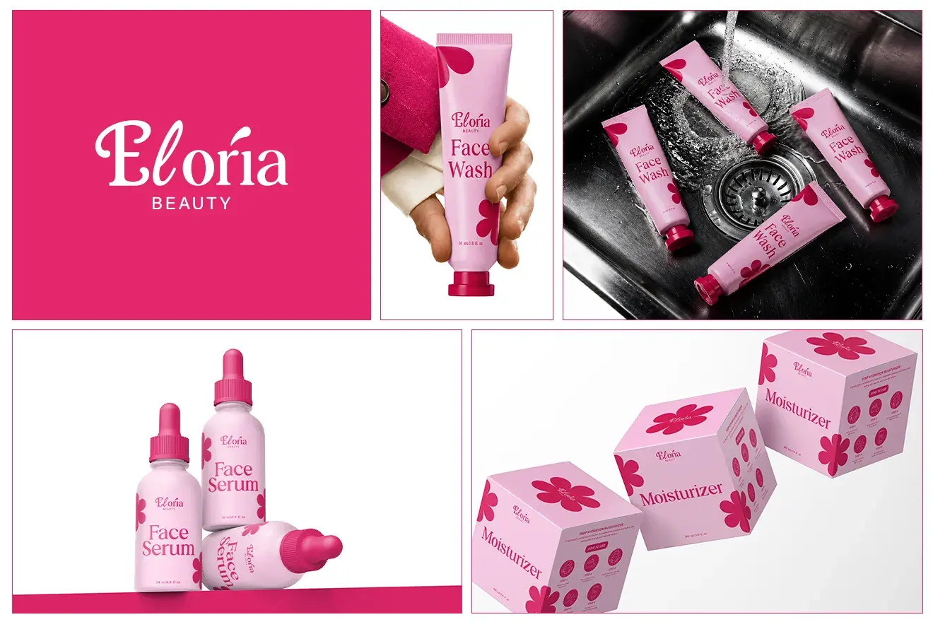 Eloria Beauty packaging range with floral boxes, serum bottles and tubes