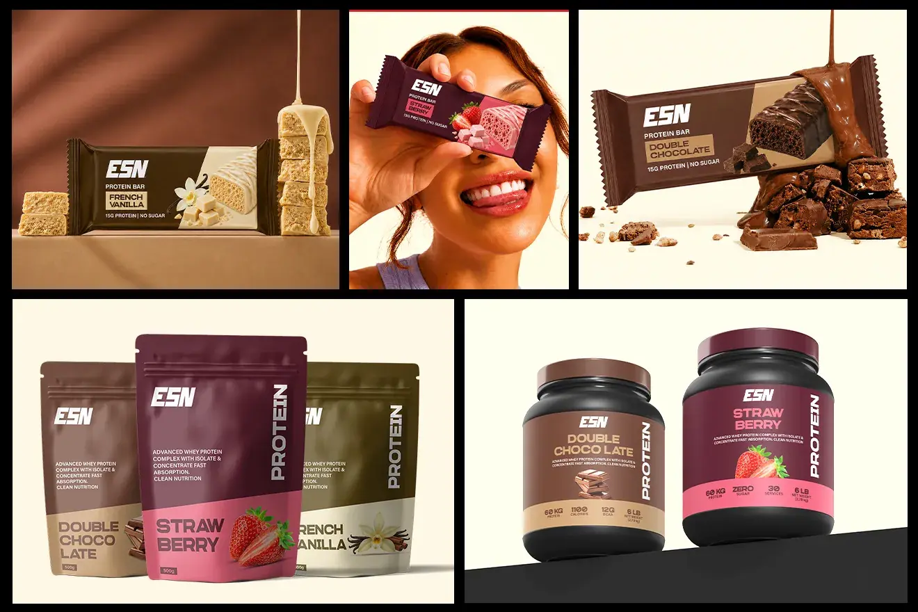 ESN protein pouches, tubs and bars with lifestyle photography