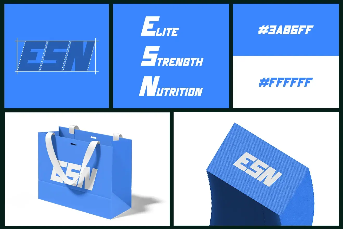 ESN logo in electric blue with bag and box mockups