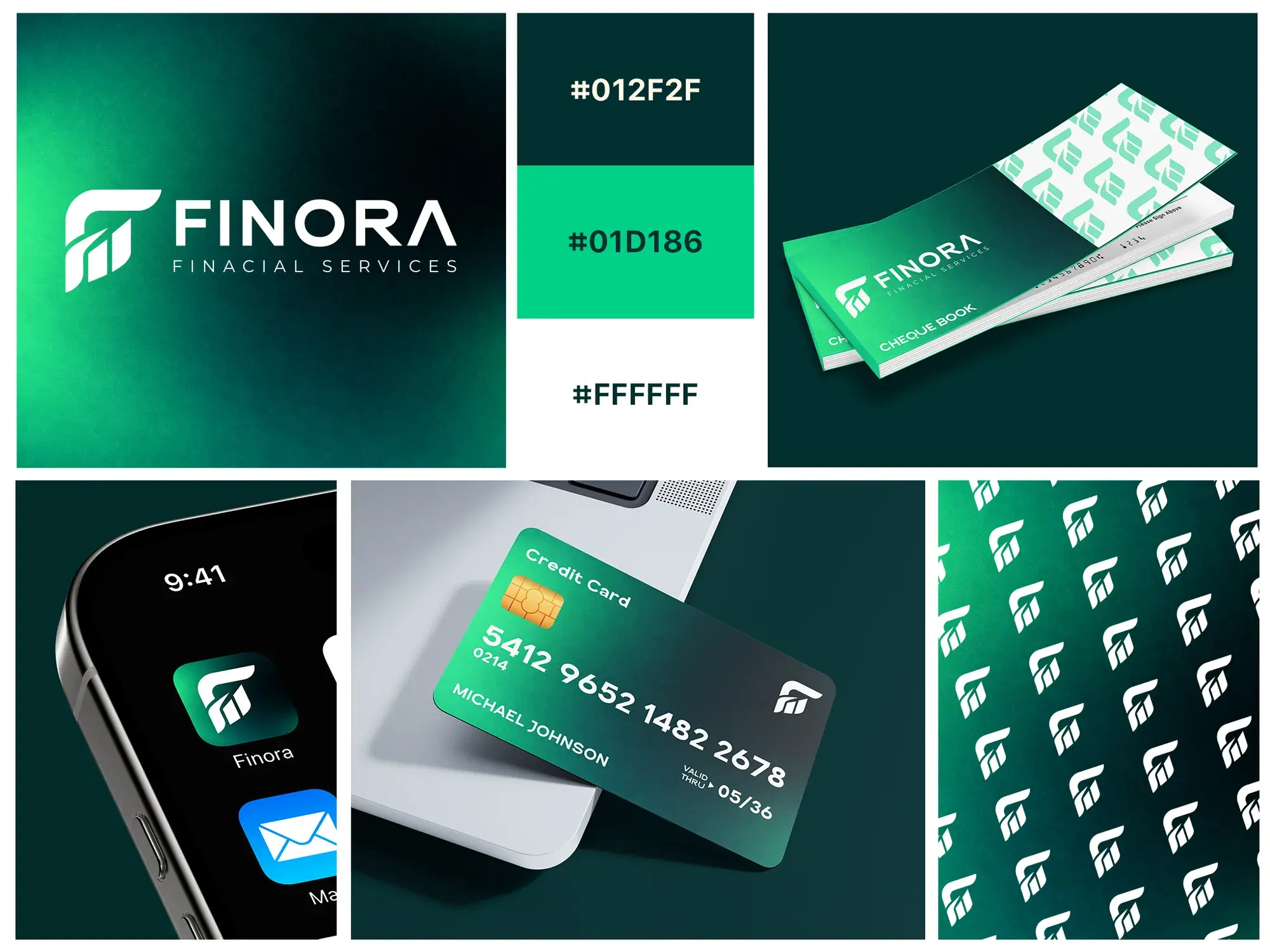 Finora identity: green monogram, color swatches, payment card, phone and brand pattern
