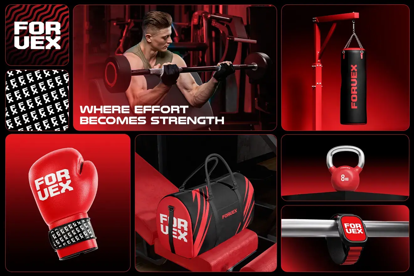 Forvex campaign: athlete training, branded boxing gloves, gym bag and kettlebell in red and black