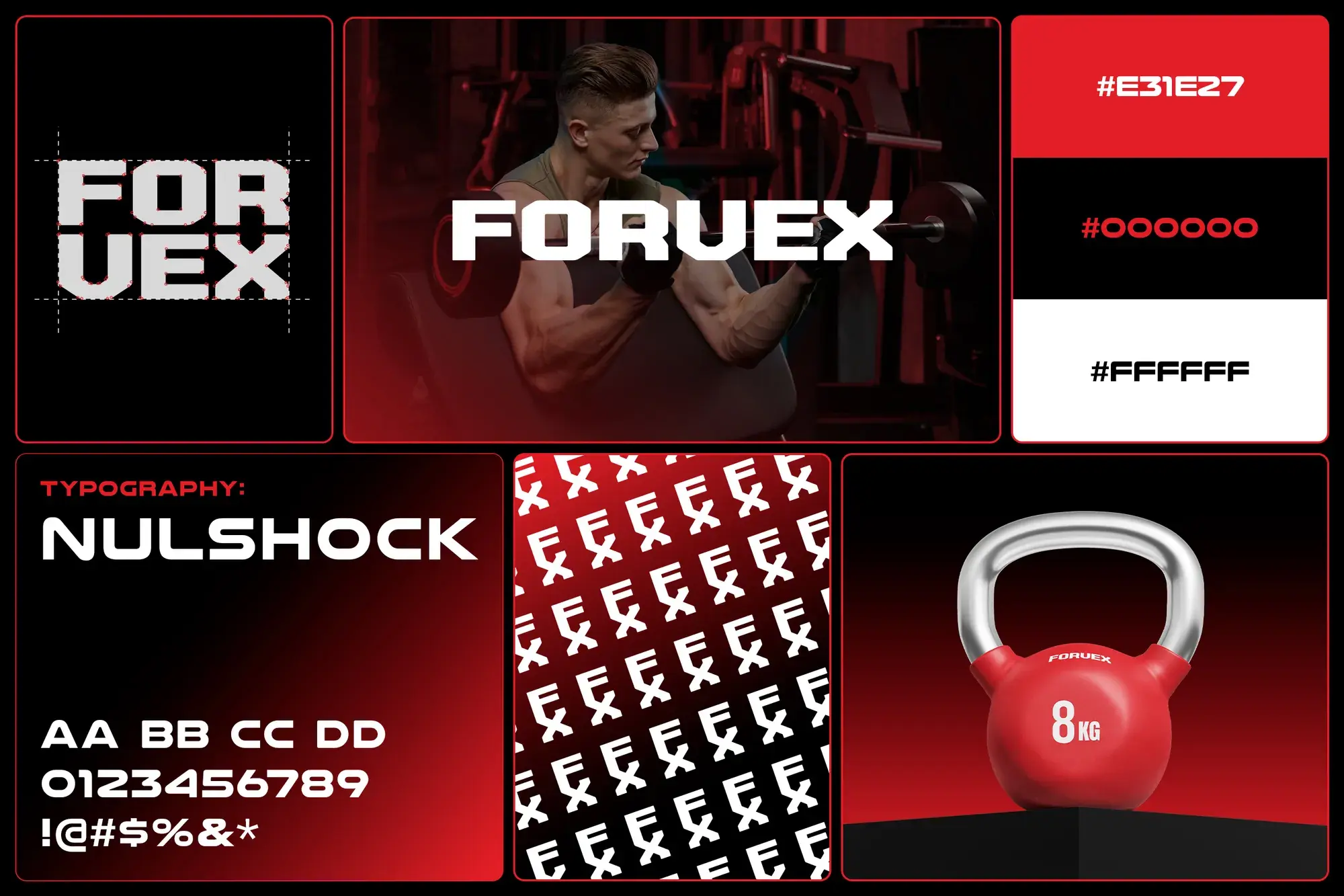 Forvex logo, Nulshock typography, palette and kettlebell mockup