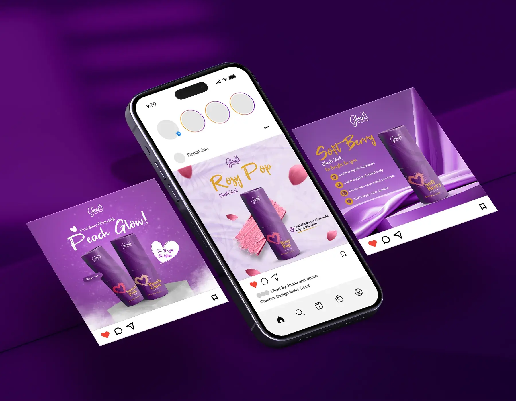 Glow Mango social posts in purple on phone and cards
