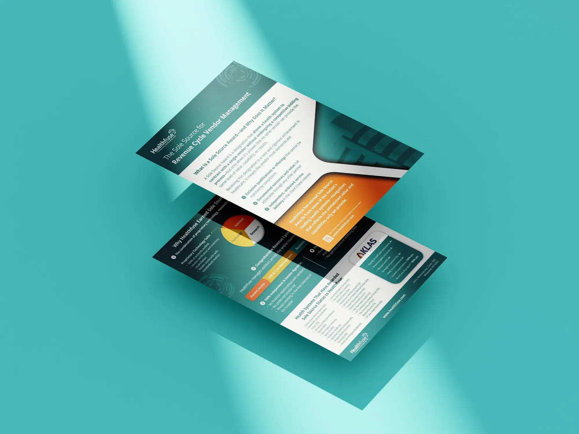 Healthfuse flyer pages floating on teal
