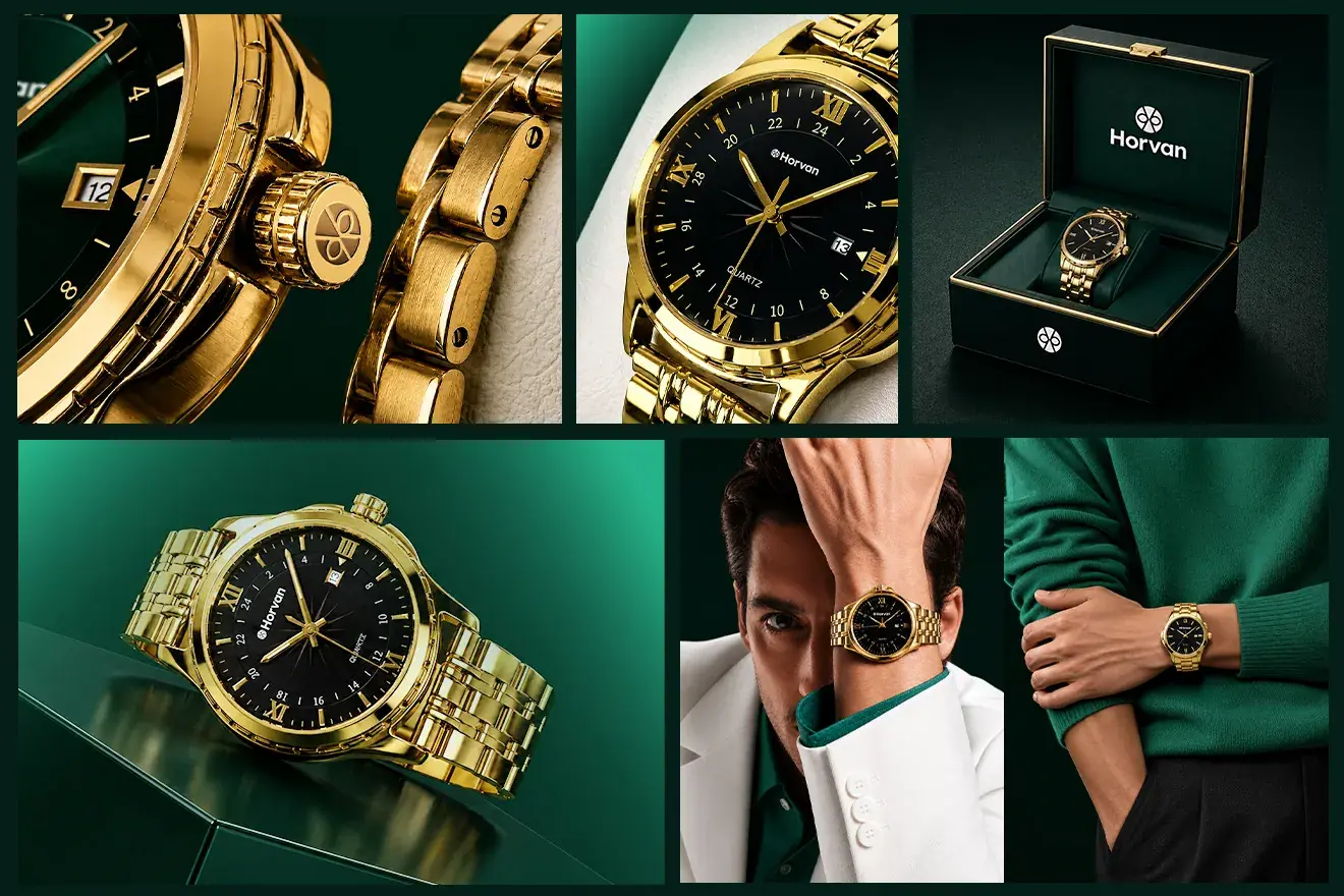 Horvan campaign imagery: gold watches on emerald backgrounds and branded watch box