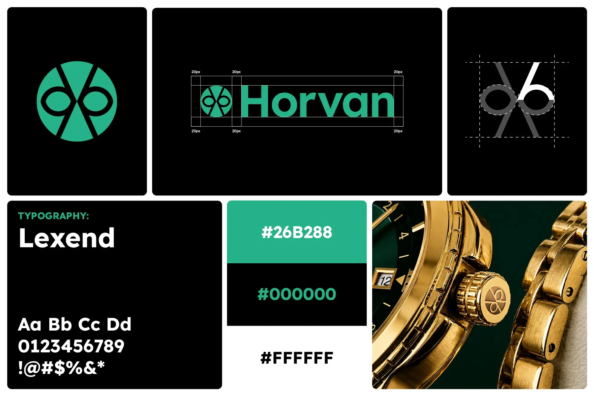 Horvan brand identity board with emblem, wordmark, typography and color palette