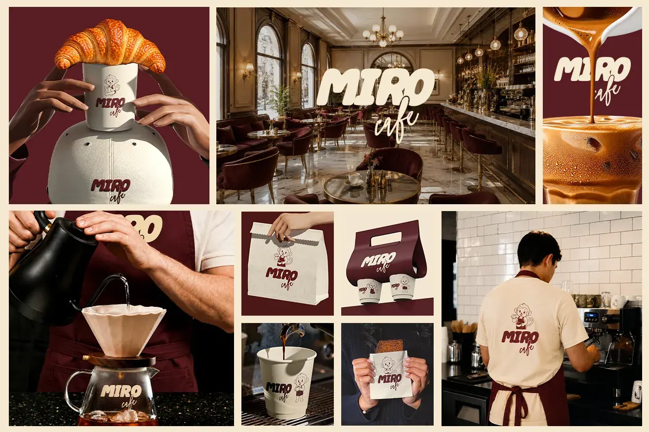 Miro Café brand in use: café interior, branded cups, bags and barista apron