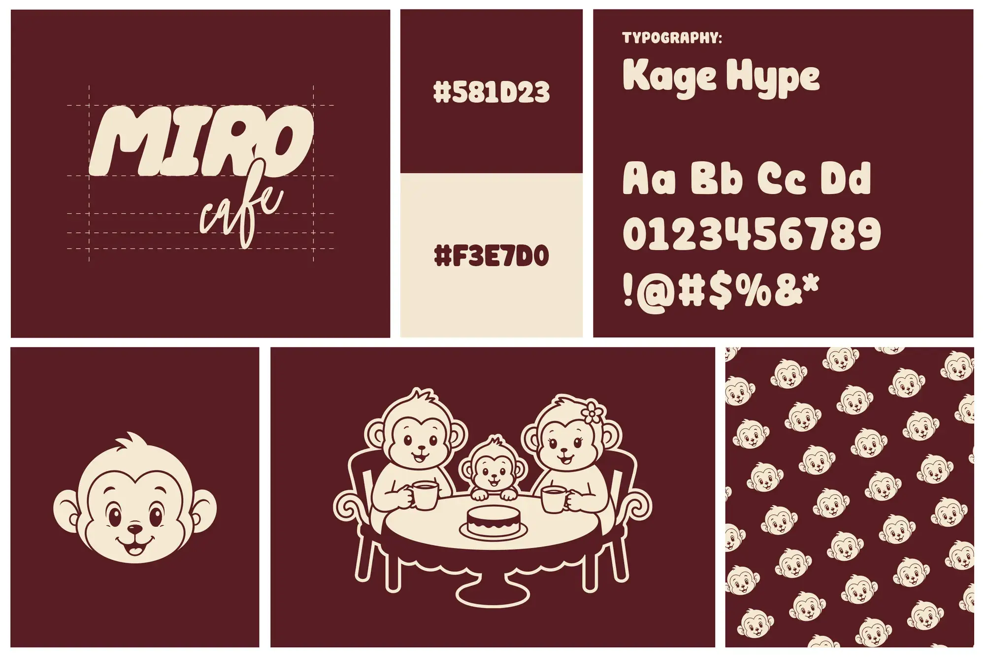Miro Café logo, Kage Hype typography, color palette and mascot illustrations