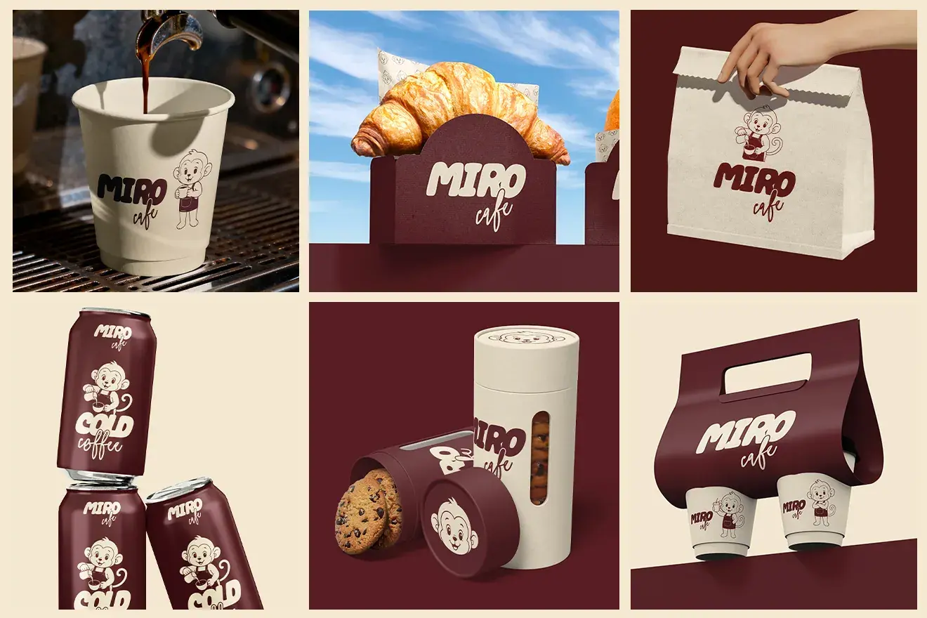 Miro Café packaging: coffee cups, cans, pastry bag and cup carrier