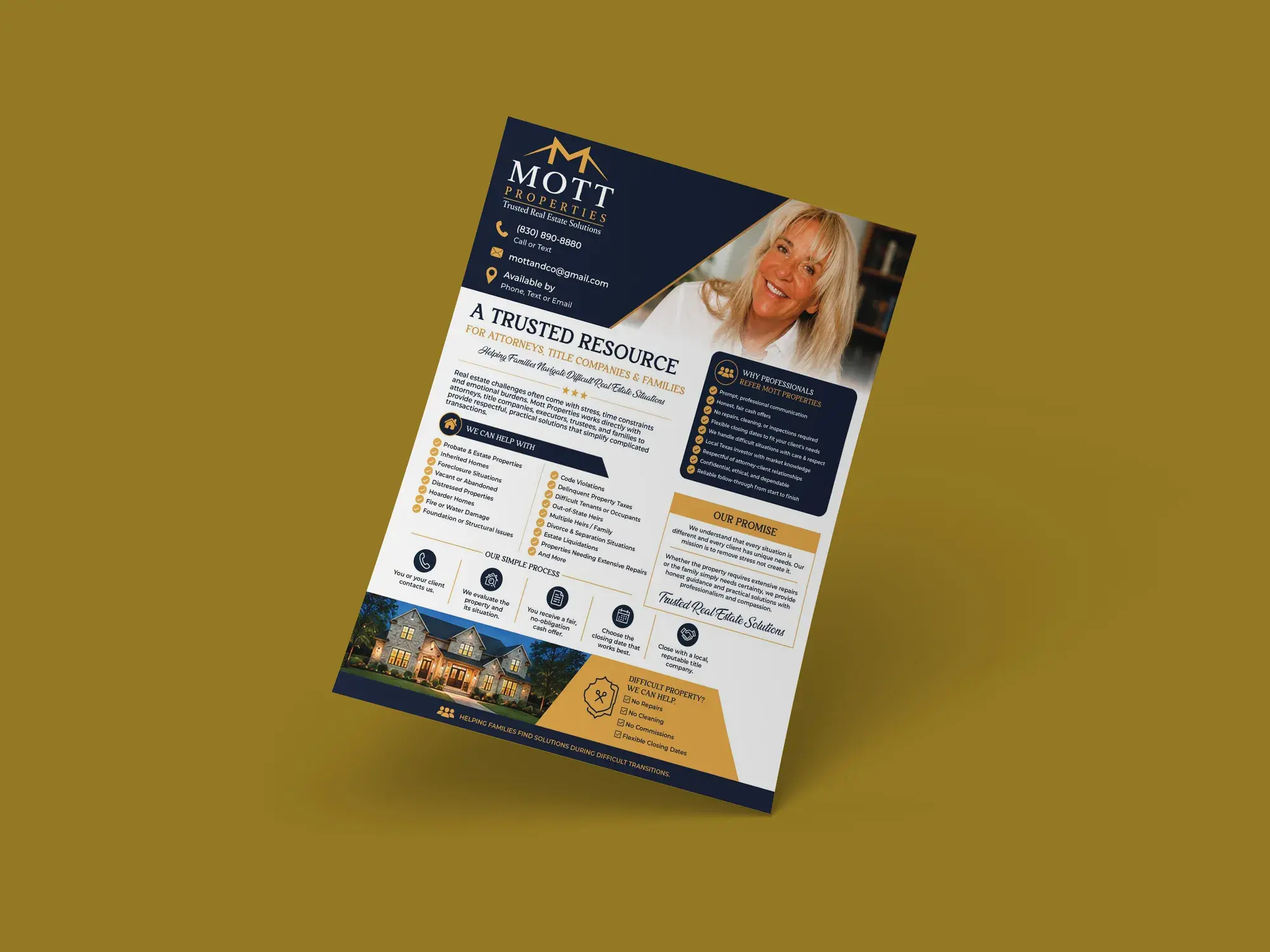 Mott Properties flyer on a gold background