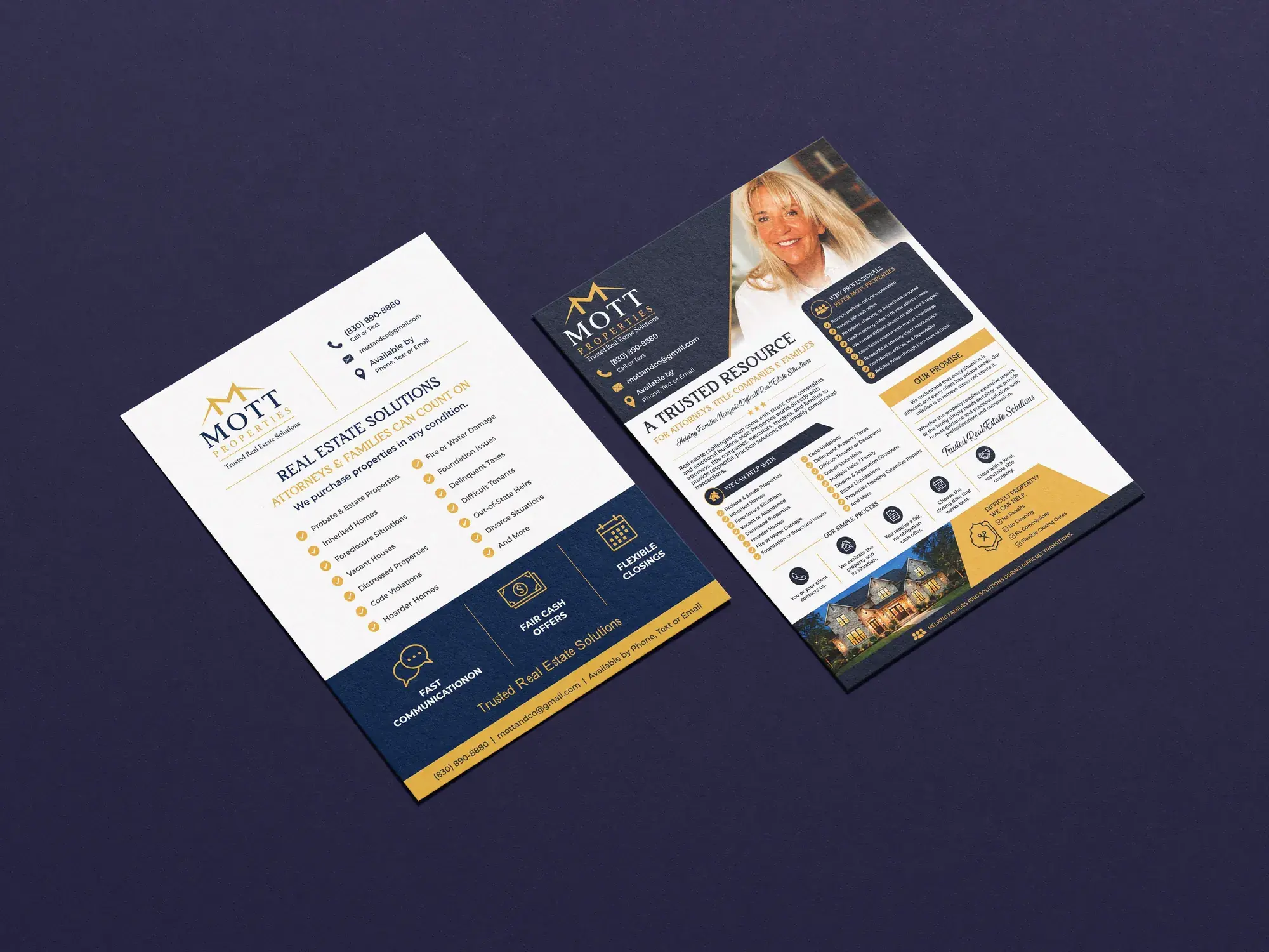 Mott Properties flyers on a navy background