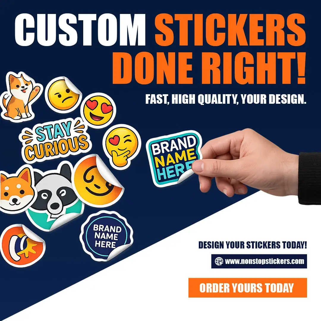 Nonstop Stickers ad: custom stickers done right, with sticker illustrations
