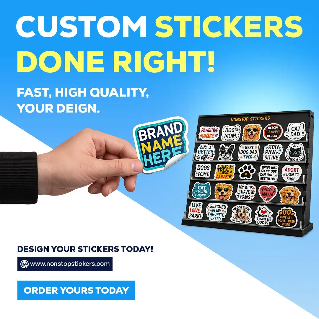 Nonstop Stickers ad in sky blue with a sticker sheet