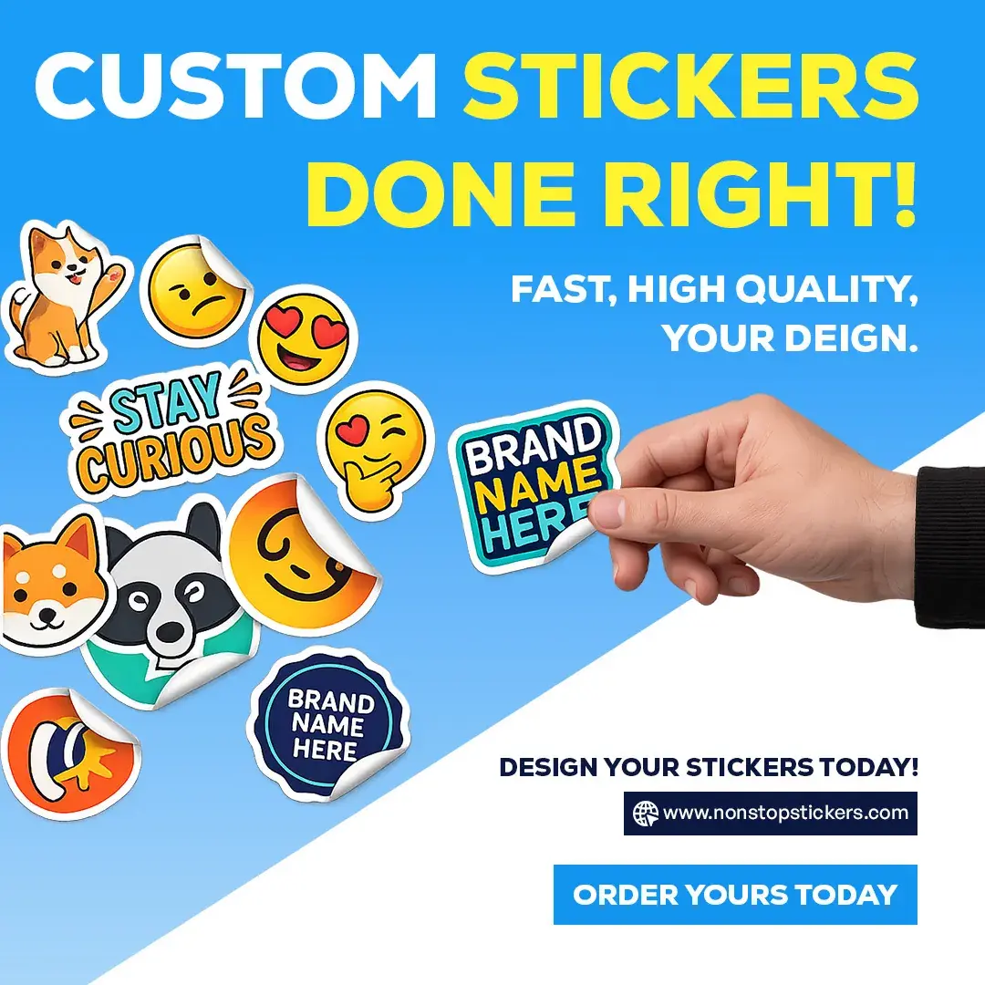 Nonstop Stickers ad in sky blue with sticker illustrations