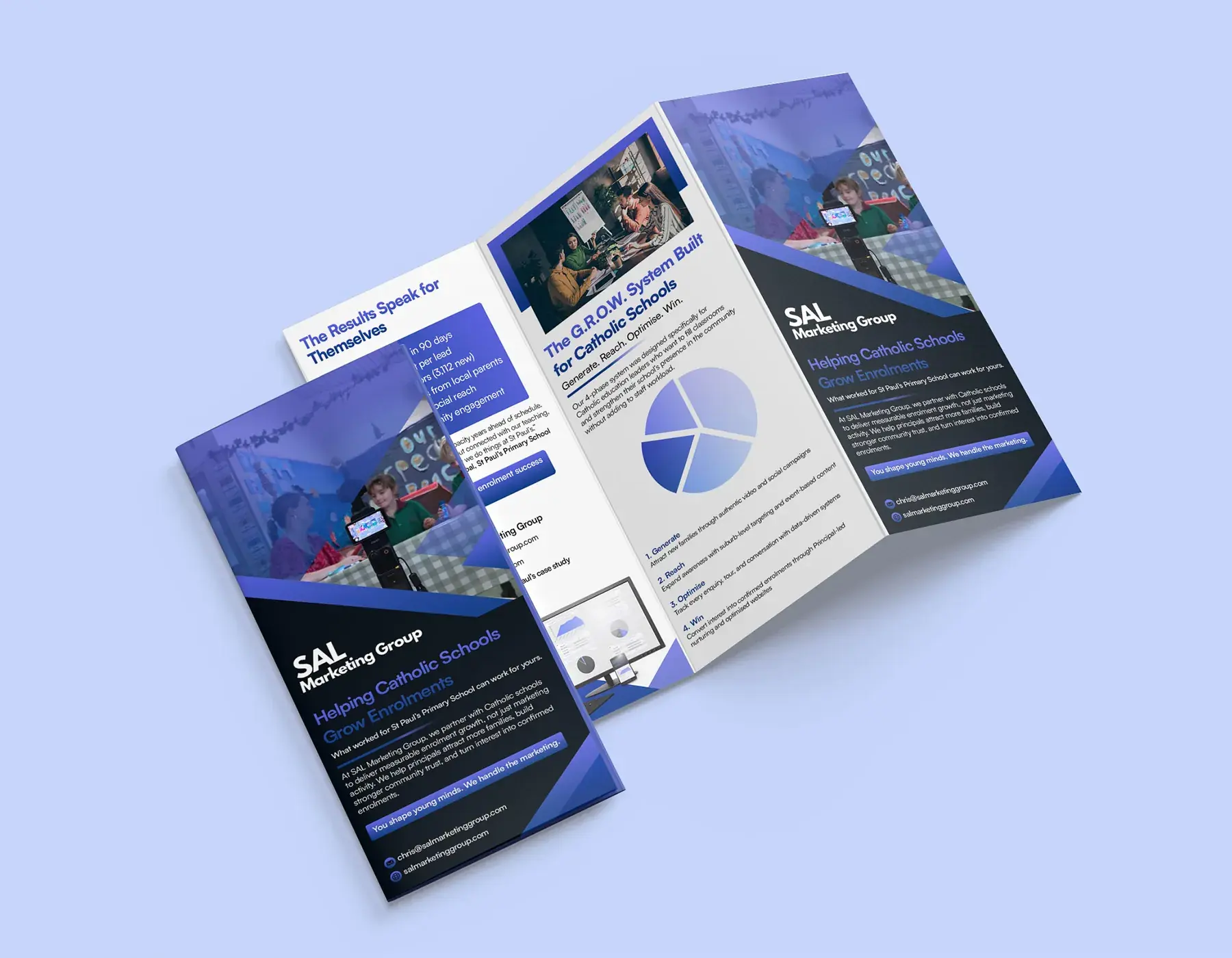 SAL Marketing Group tri-fold brochure on a light blue background
