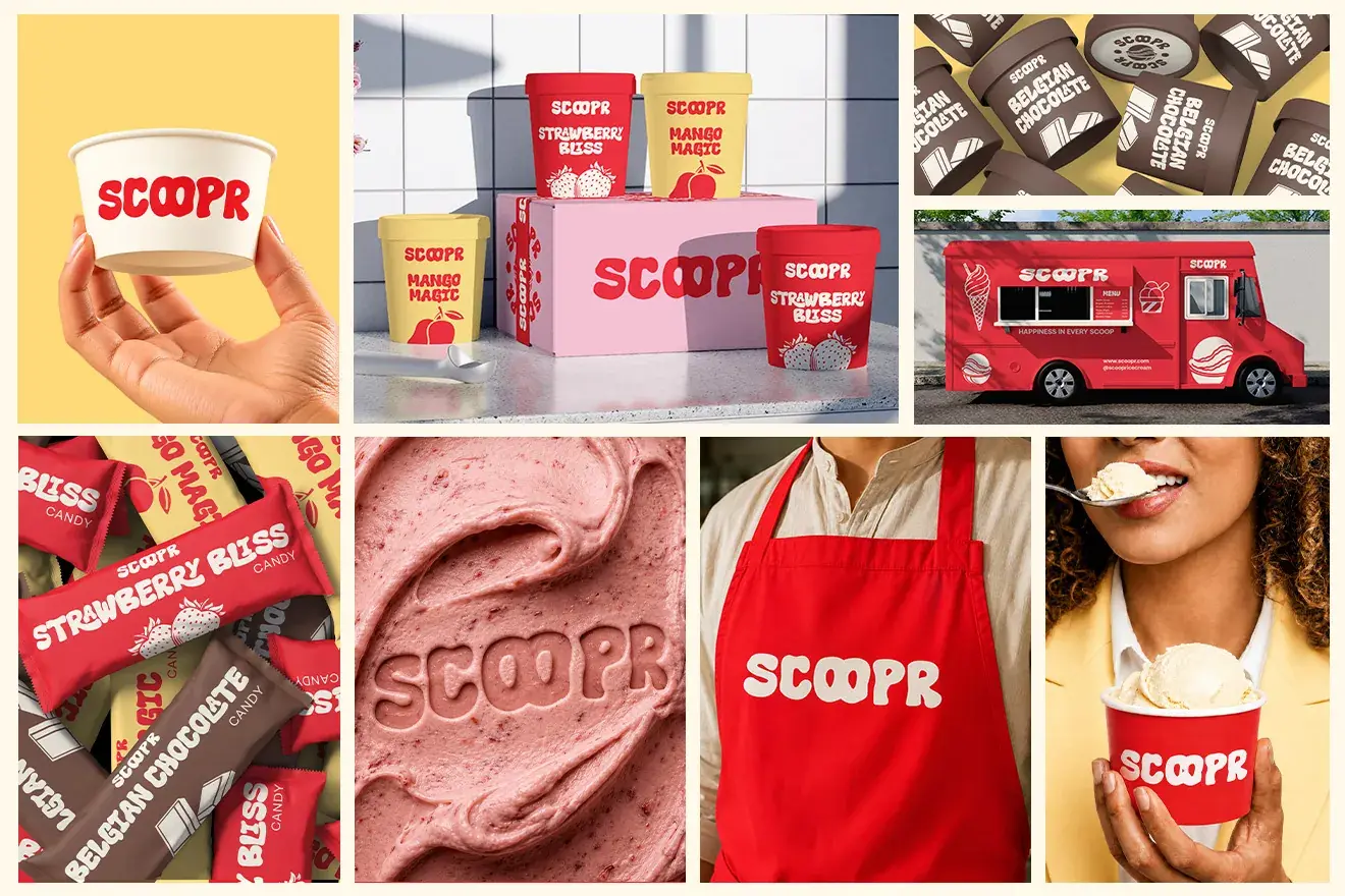 Scoopr brand applications: ice cream tubs, cones, apron, food truck and patterned packaging