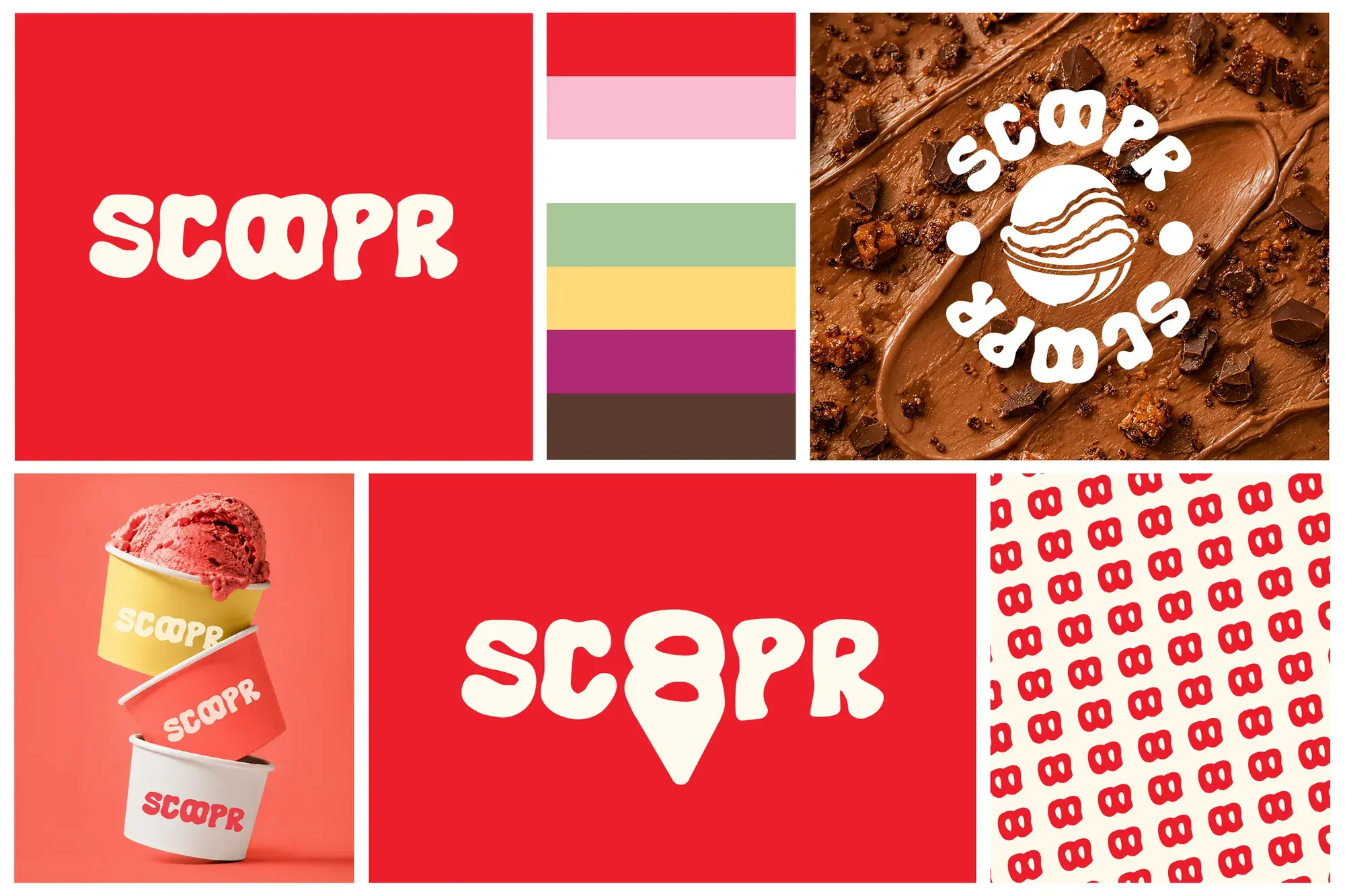 Scoopr logo, badge, color stripes and brand pattern