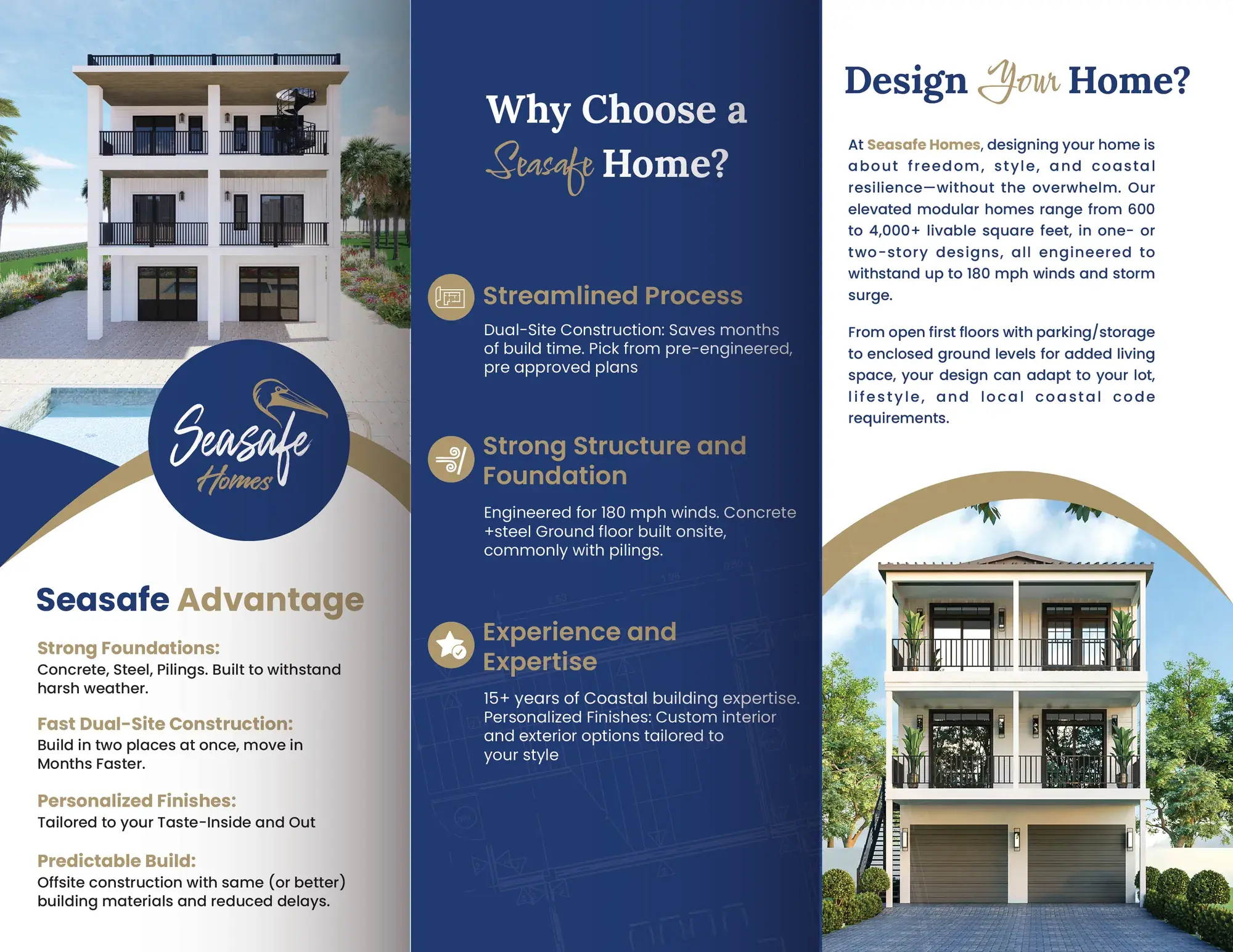 SeaSafe Homes brochure front: elevated coastal homes and advantages