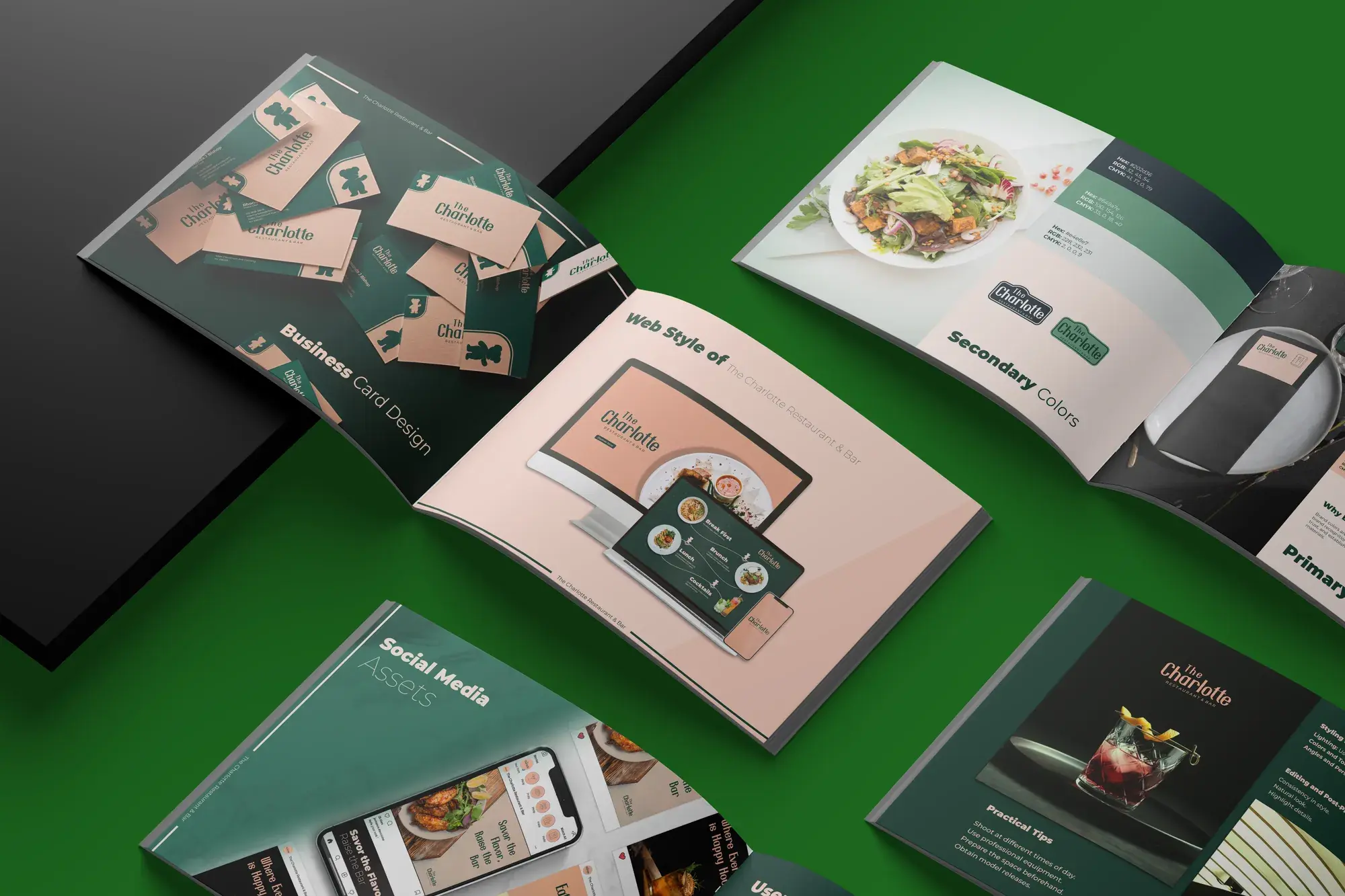 The Charlotte brand book inner spreads with food photography