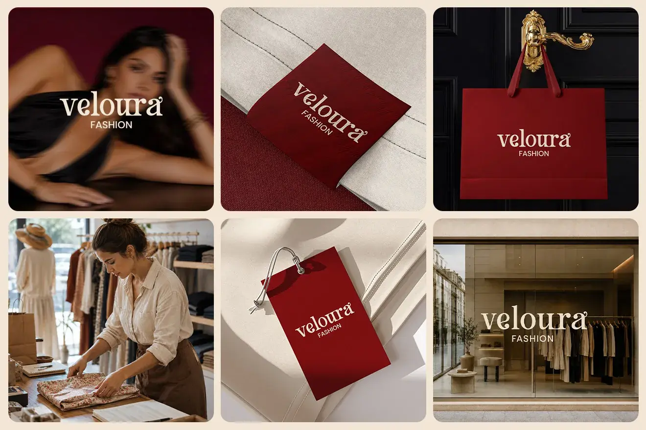 Veloura Fashion applications: burgundy shopping bags, labels and storefront