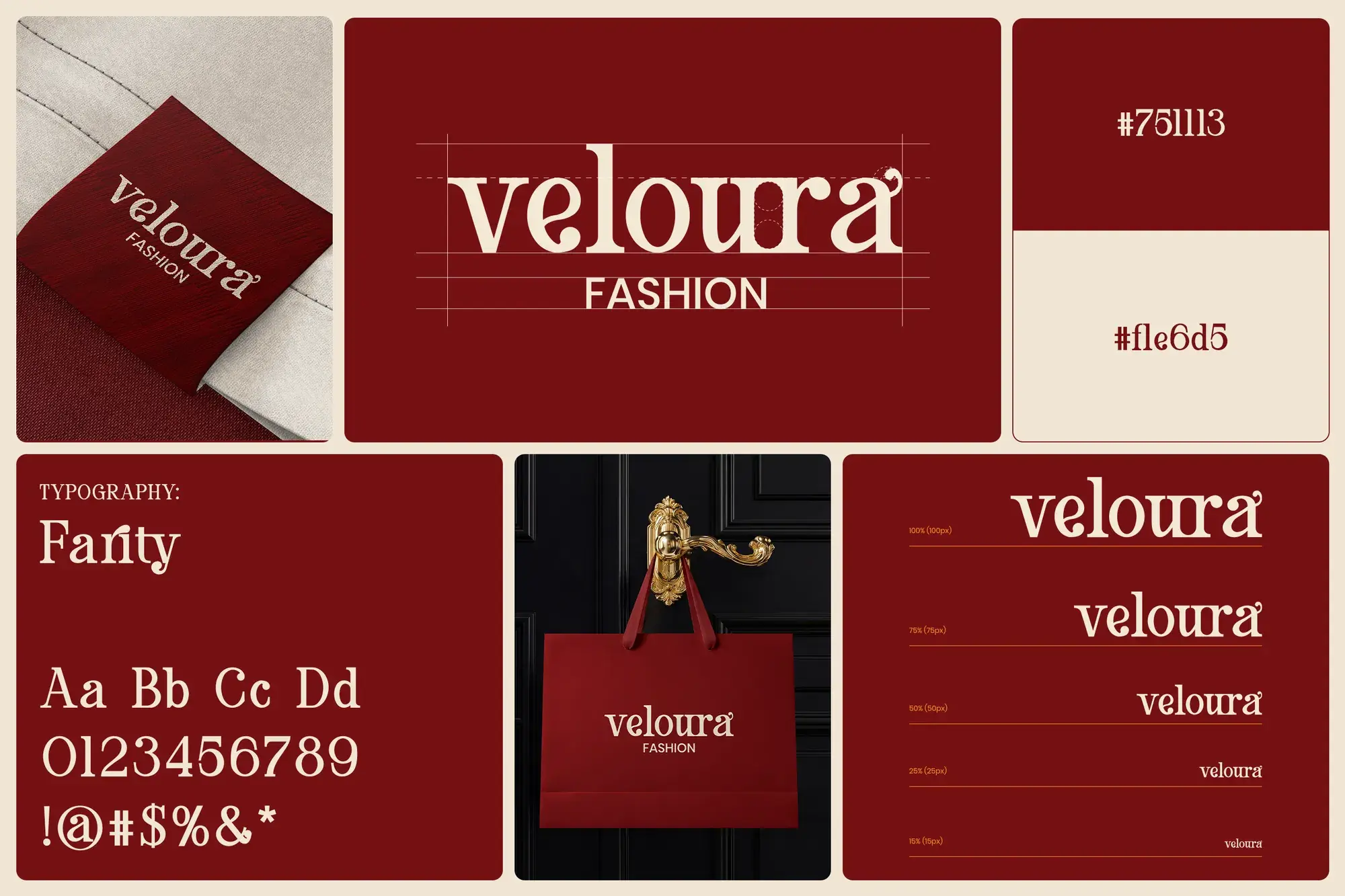 Veloura logo, Farity typography, palette and bag mockup