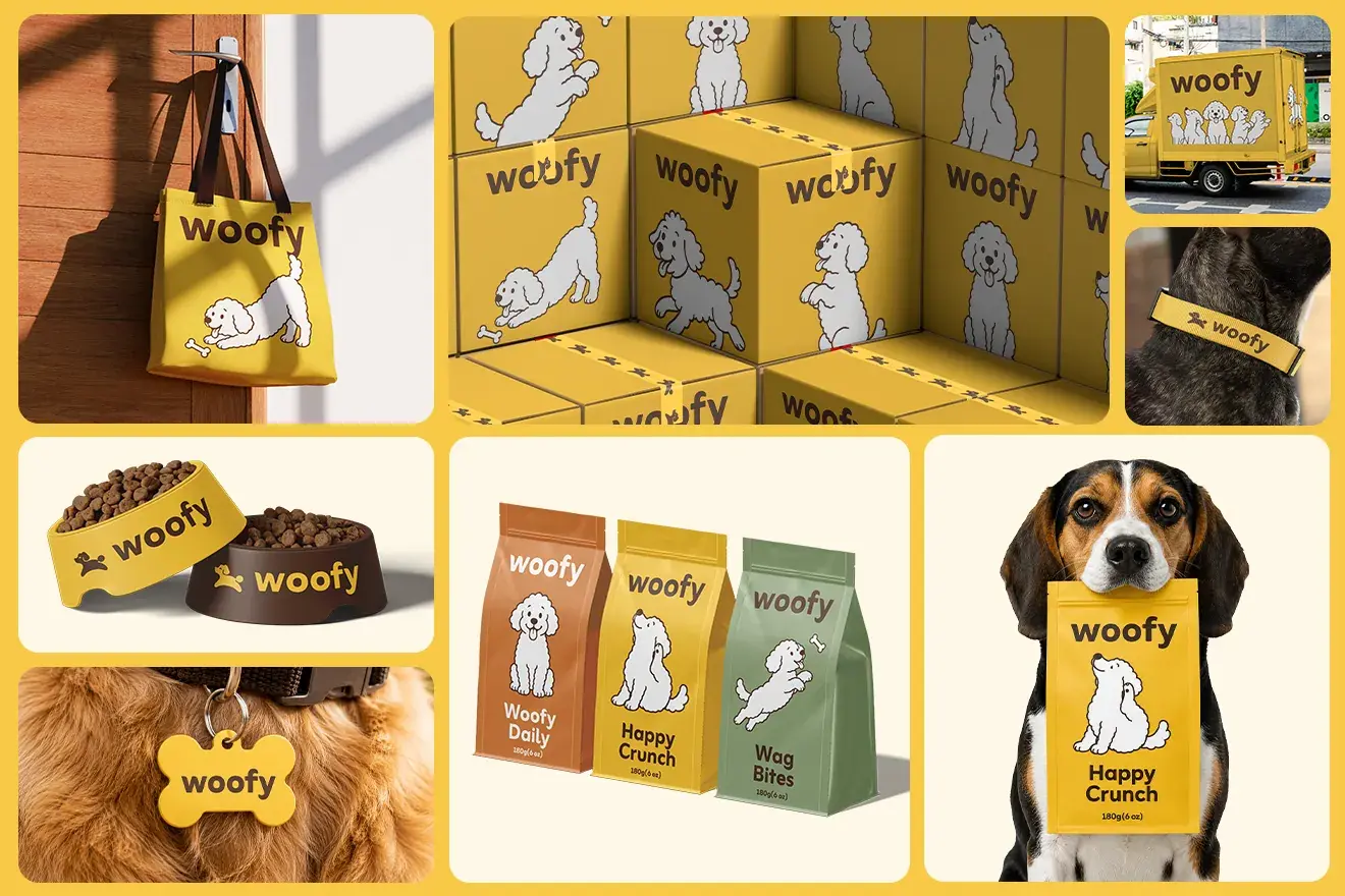 Woofy brand applications: yellow food bags, boxes, bowl, tag and tote bag with dog illustrations