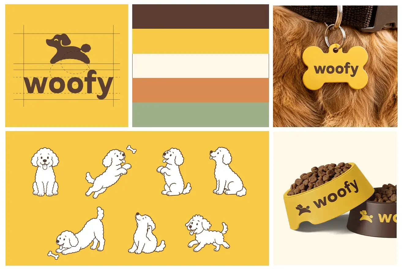 Woofy logo, palette, dog illustrations and branded accessories