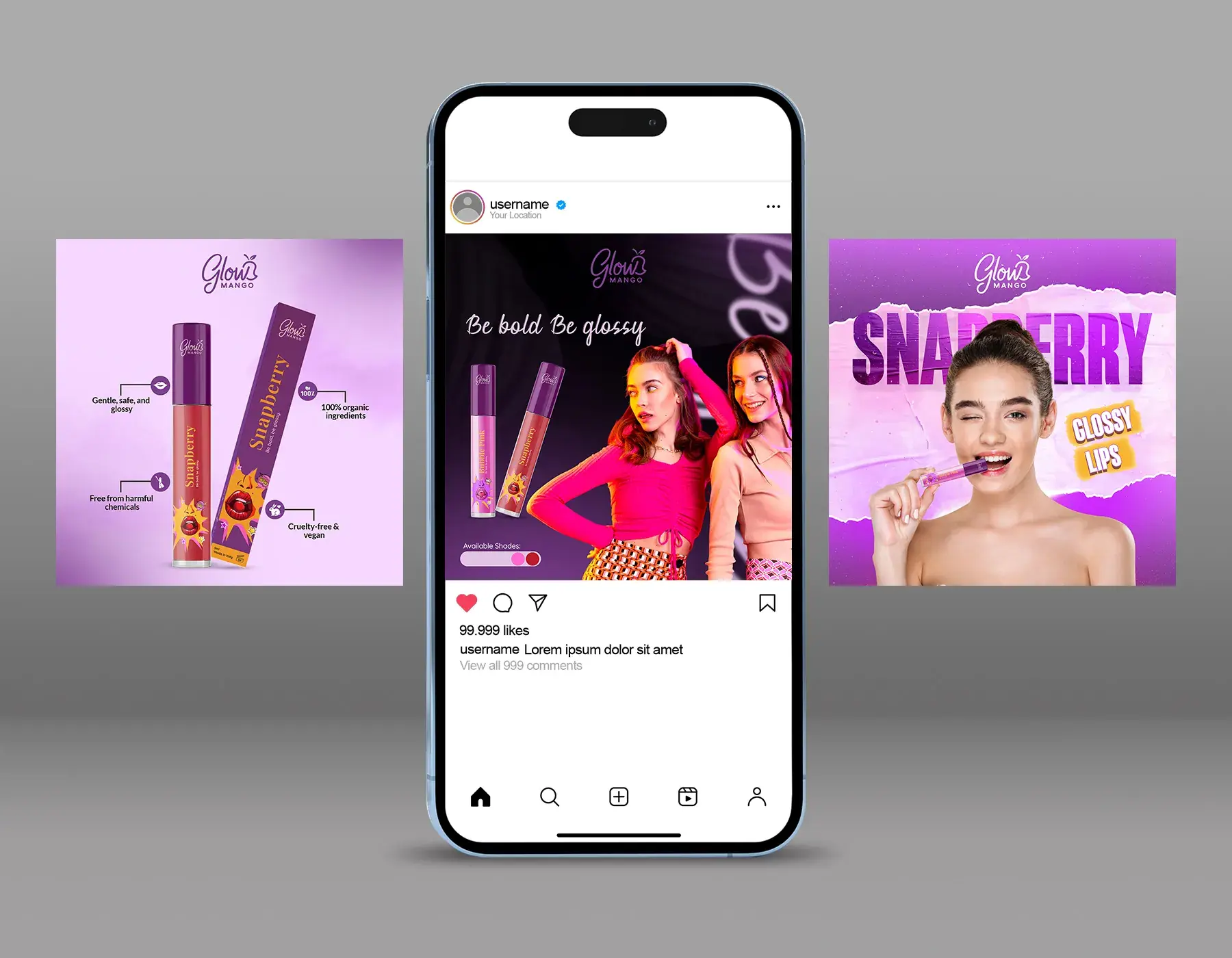 Glow Mango lip product posts around a phone mockup